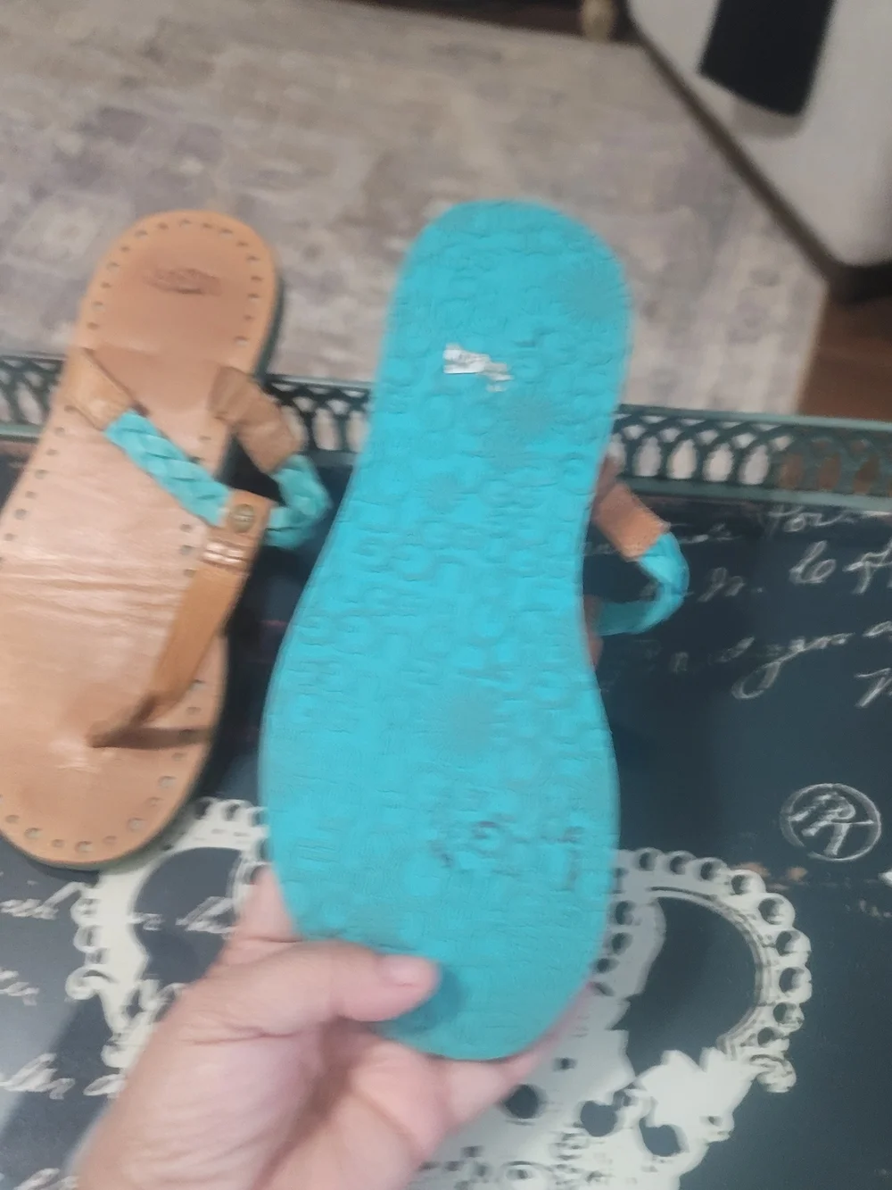 UGG Women’s Tan Leather Sandals with Turquoise Braid